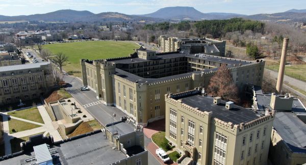 Aerial view of post, VMI's campus.