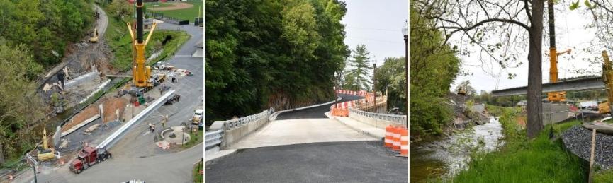Three images of construction of new bridge along Anderson Drive