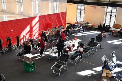 Cadets give blood in Cocke Hall during a blood drive