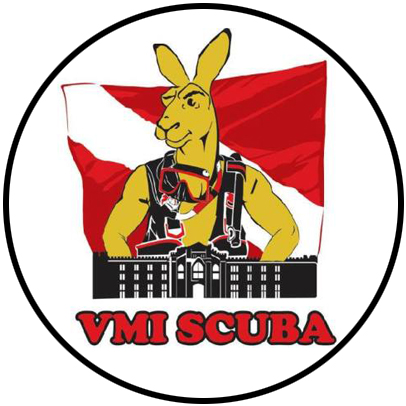 Scuba Club logo circle showing Moe the Kangaroo in front of red and white stripe diving flag
