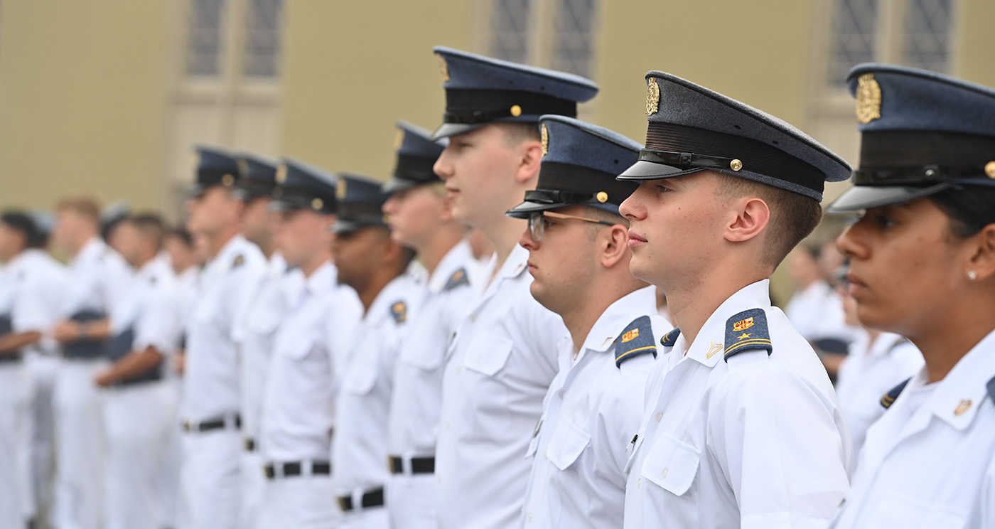 Cadets line up for uniform inspection.