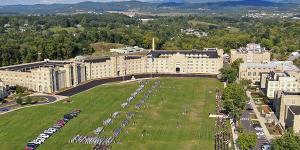 Aerial drone photo of VMI post parade ground and barracks buildings
