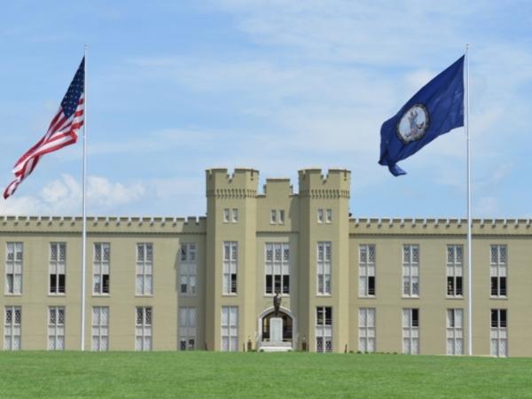 View of front of barracks with US and Virginia flags