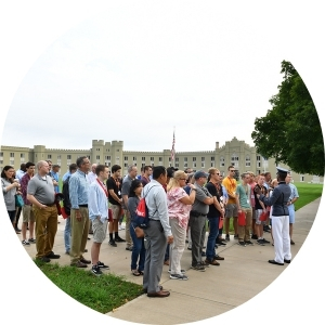 Photo of VMI cadets giving tours to visitors.
