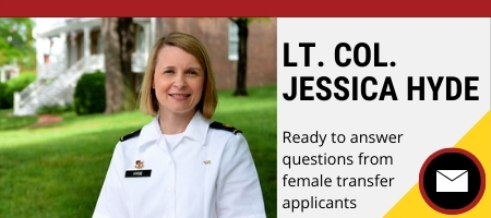Photo of Lt. Col. Jessica Hyde with email icon and text for female transfer applicants to contact