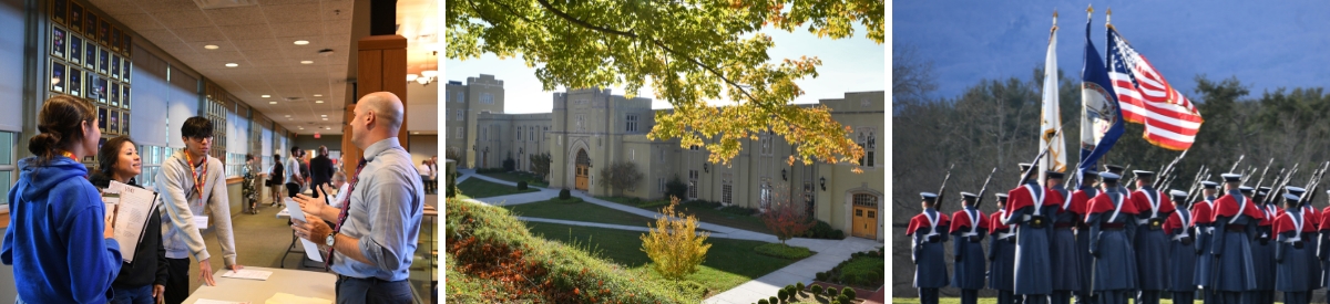 Visit2Left to right: Cadet leads a tour, academic buildings with autumnal leaves, cadets with flags during a parade.