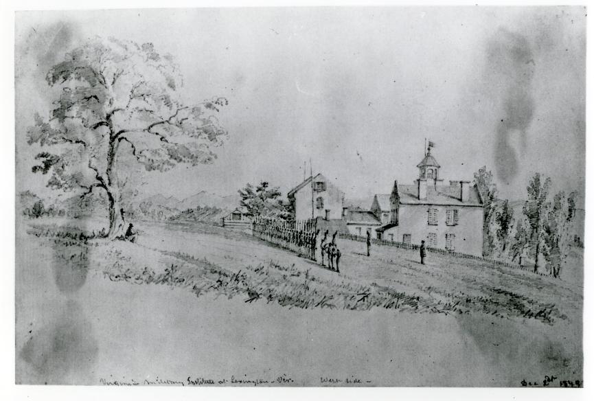 This is a drawing of VMI barracks by Seth Eastman from 1849. In the foreground. It appears that there are some cadets performing rifle drill led by another high-ranking cadet, with the barracks visible in the background.