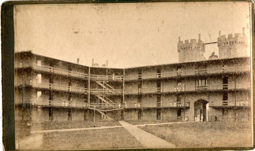 VMI Barracks showing courtyard and stoops. In sepia tones.