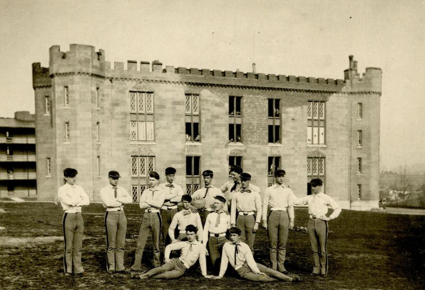 The VMI Football Team, 1884-1885. Players are: Thomas W. Lackland, George W. Fitchett, Gideon B. Miller, John H. Winston, Hugh G. Meem, Gaillard S. Fitzsimons, William H. Palmer, Greenlee D. Letcher, Robert L. Wilson, William H. Palmer, Edward L. Darst, Thomas J. Nottingham, William A. Irvine.