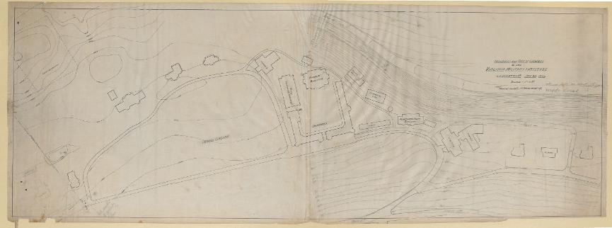 Survey drawing dated Jan. 20, 1908 depicting cadet cemetary, parade ground, library, barracks, Jackson Memorial Hall, an academic building, barracks, chemical lab, administration building, and mess hall.