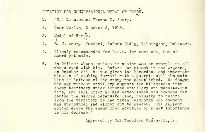 Citation for Congressional Medal of Honor, explaining the circumstances of Amory’s actions and death on Oct. 2, 1918.Accessibile PDF available.