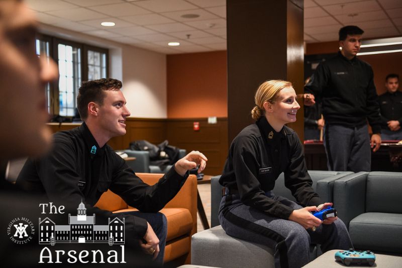 Cadets play video games in The Arsenal, a venue for cadet activities and after-dinner food on VMI's campus, known as Post.
