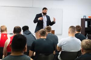 Alejandro Villanueva Addresses VMI Football Team Practice Courageous Leadership