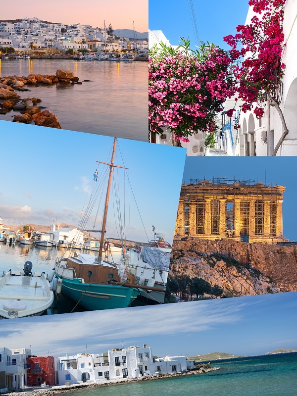 Collage of photos from Paros Island, Athens, and the coast of Greece.