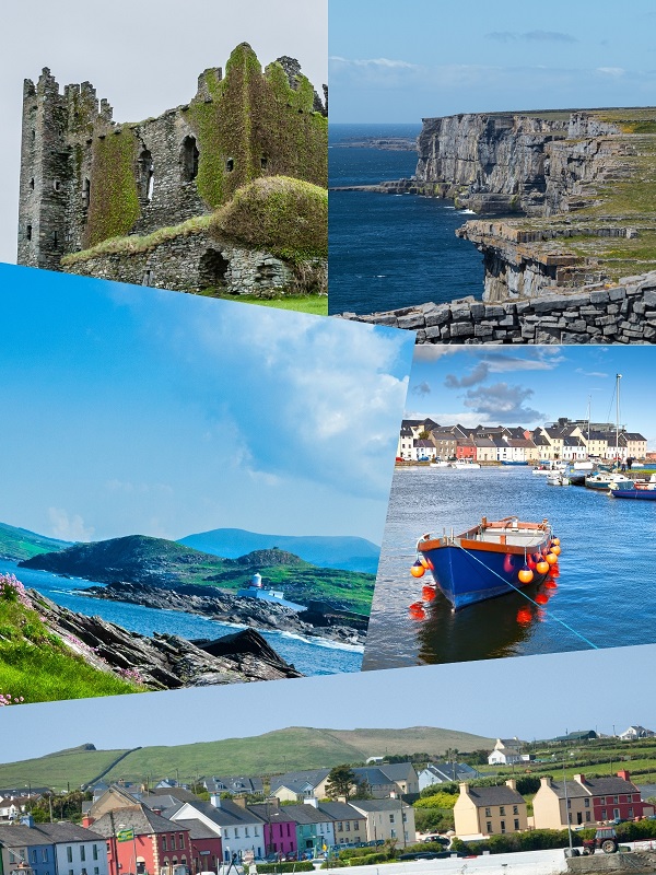 Collage of photos of coastlines, ruins, and landscpaes in County Kerry, Galway, and Aran Islands.
