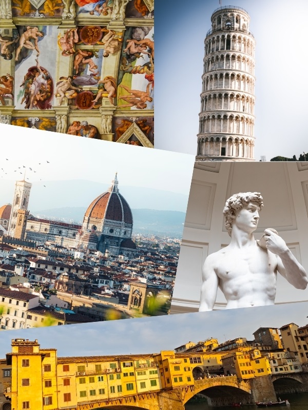 Collage of Tuscan and Italian highlights including the Sistine Chapel, Leaning Tower of Pisa, Doomo, and David.