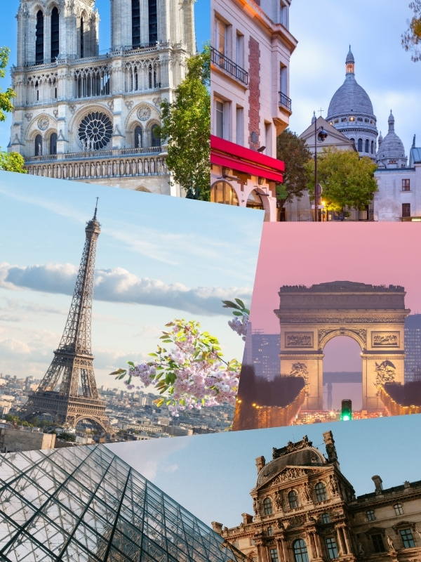 Collage of photos around Paris including the Eiffel Tower, the Louvre, and Notre Dame.