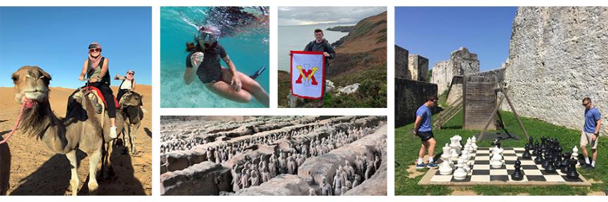 Photo collage of cadets from left to right: riding a camel, snorkeling, standing with a VMI flag atop an Irish cliff, and the Terracotta soldiers 