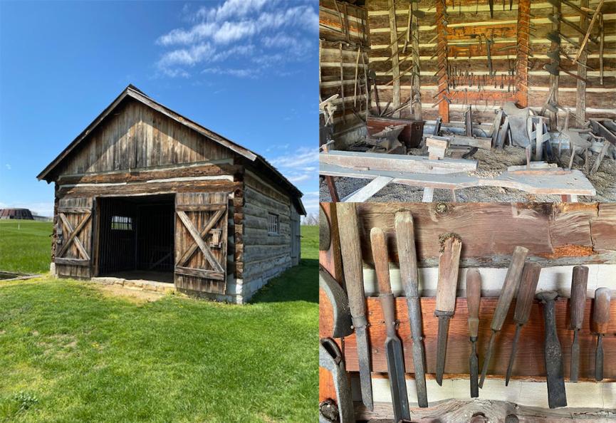 Photo collage of the Woodwright shop. Left: Exterior. Right-top: Interior. Right-bottom: Close-up of tools.