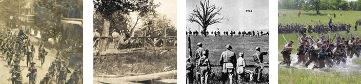 From left to right, photos of Cadet reenactments from 1914, 1923, 1964, and 2014