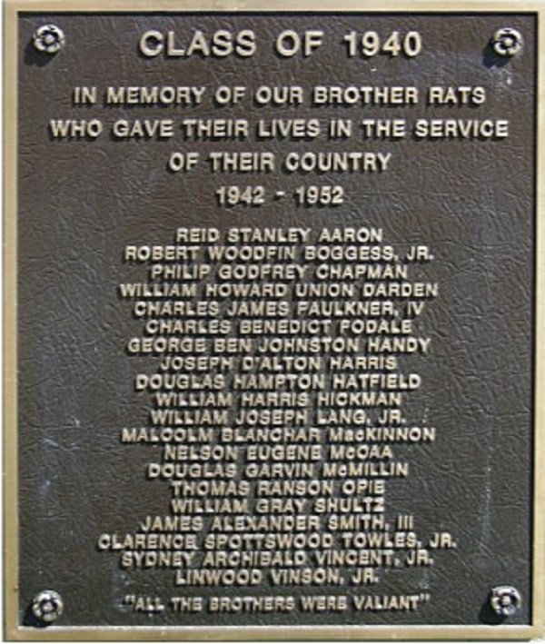 Plaque honoring the fallen from the VMI Class of 1940