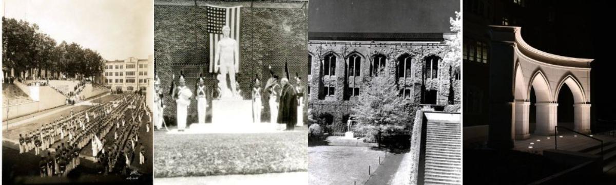Dedication Ceremony, statue unveiling, memorial arch, and top-down view of the garden. All photos from VMI Archives.
