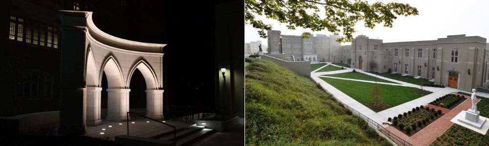 Memorial Arch lit at night and view of garden from walkway. Photos from VMI Archives.