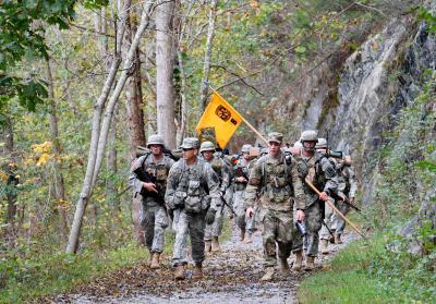 Army ROTC staff leads cadets on a march down the Chessie Trail during fall FTX. – VMI Photo by Kelly Nye.