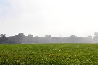 A photo from the Parade Ground showing barracks in fog.