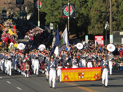 The VMI Regimental Band and Pipe Band march in the Rose Parade Jan. 1, 2016. – Photo courtesy of Col. Ned Riester.