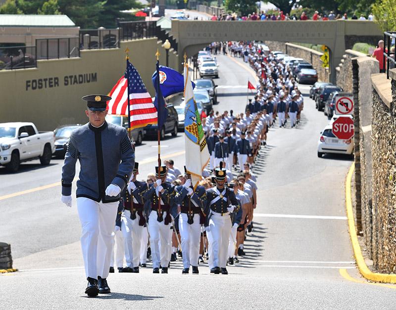 Cadets march up Main Street towards VMI