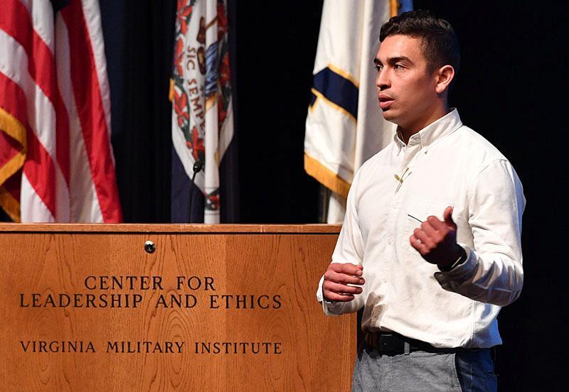 Author and veteran Daniel Rodriguez speaks in Gillis Theater last night. – VMI Photo by Kelly Nye.