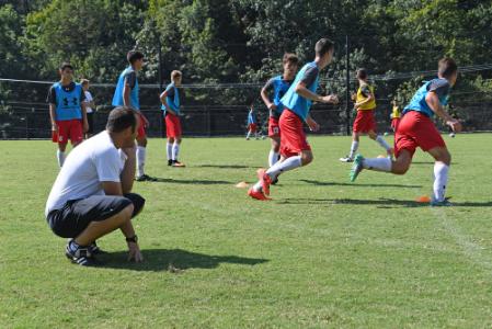 The VMI men's soccer team practices at North Post.