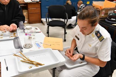 Cadets examine soybeans in the lab.