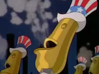 Animated characters wearing red, white and blue hats.