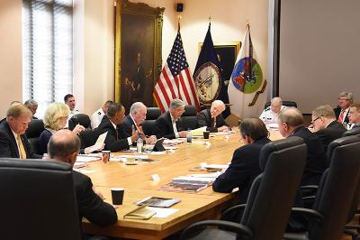 Members of VMI Board of Visitors converse in Preston Library's Turman Room May 5.