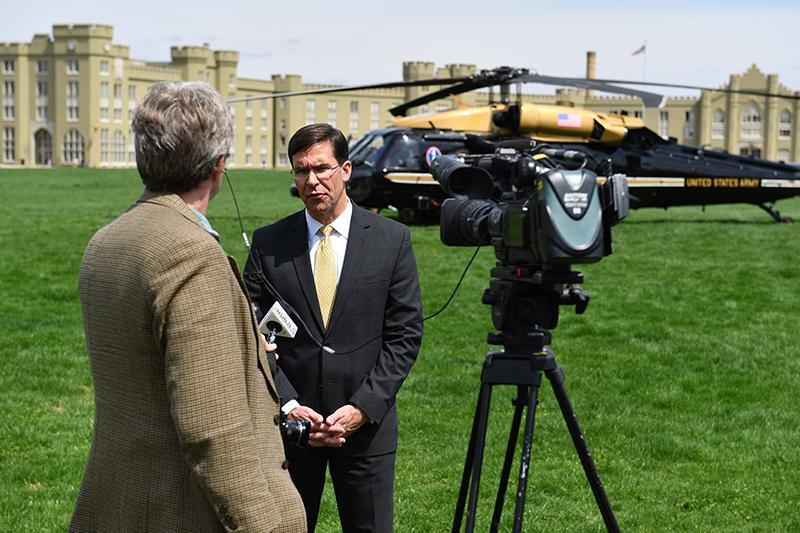 The Honorable Mark Esper, secretary of the Army, speaks with a reporter April 11.—VMI Photo by Kelly Nye.