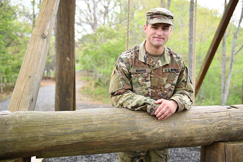 Cadet Alec Hoopes '19 pauses at the North Post Training Area obstacles.