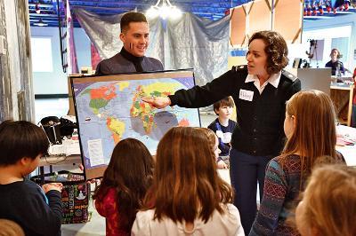 Professor of Modern Languages Maj. Abbey Carrico and Levi Harmon ’18 immerse local kids in French culture Feb 16 at the Discovery Heights Children’s Museum in Lexington.