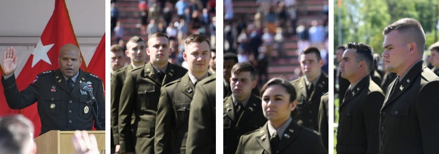 Photo collage of Lt. Gen. Leslie C. Smith, U.S. Army presiding over 2021 VMI Army Commissioning Ceremony