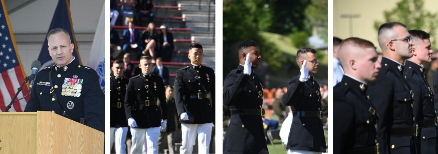 Photo collage of Maj. Gen. David J. Furness ’87, presiding over 2021 VMI Marine Corps Commissioning Ceremony