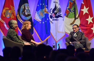 .S. Supreme Court Justice Ruth Bader Ginsburg during an on-stage interview at VMI's Cameron Hall in 2017.