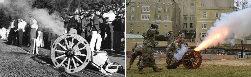 A photo of the cannon being fired in 1958 courtesy of Col. Keith GIbson (left) and VMI cadets firing Little John II after a touchdown against Furman Feb. 27 in Foster Stadium (right).