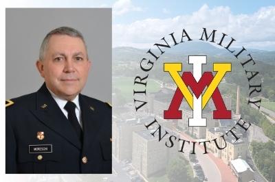 Brig. Gen. Moreschi overlayed on photo of Post with VMI logo