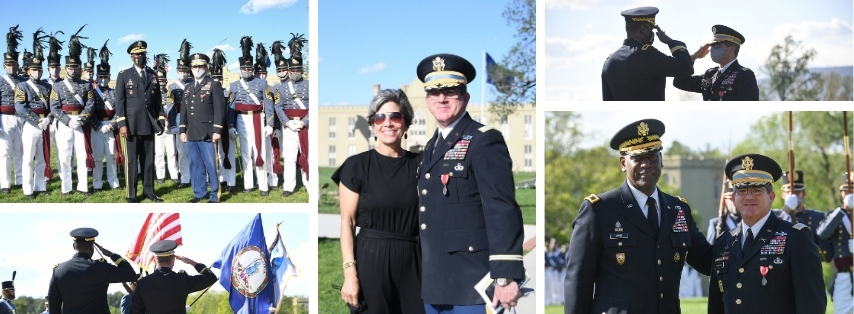 Collage of Col. Bill Wanovich ’87 with his wife, VMI cadets, and Superintendent MG Wins '85 at his retirement parade