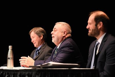 Mike Rolband, Department of Environmental Quality director (center) speaks during a panel discussion. He is flanked by Rob Farrell, Department of Forestry director (left) and Matthew Wells, Department of Conservation and Recreation director (right) during the 32nd annual Environment Virginia Symposium at VMI.—VMI Photo by H. Lockwood McLaughlin.