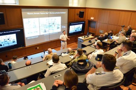 Chris Hulburt ’22 presents his senior thesis in Scott Shipp Hall during Honors Week.—VMI Photo by Kelly Nye.