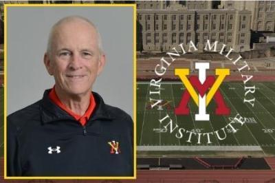 Portrait of Jim Miller with VMI logo over photo of Foster Stadium