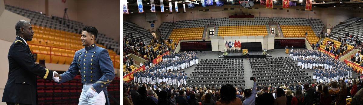 Left: Maj. Gen. Cedric T. Wins ’85 shakes hands with Justin Addis ’23 before handing him his ring. Right:The Class of 2023 form the figure two and the figure three on the floor of Cameron Hall after receiving their rings Nov. 19.—VMI Photos by H. Lockwood McLaughlin.