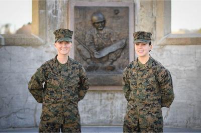 Allie Sassaman '22 and Kasey Meredith, VMI Corps of Cadet's Regimental Commander, pose for photo after being selected for highly competitive Cyberspace Officer Contracts in the U.S. Marine Corps.